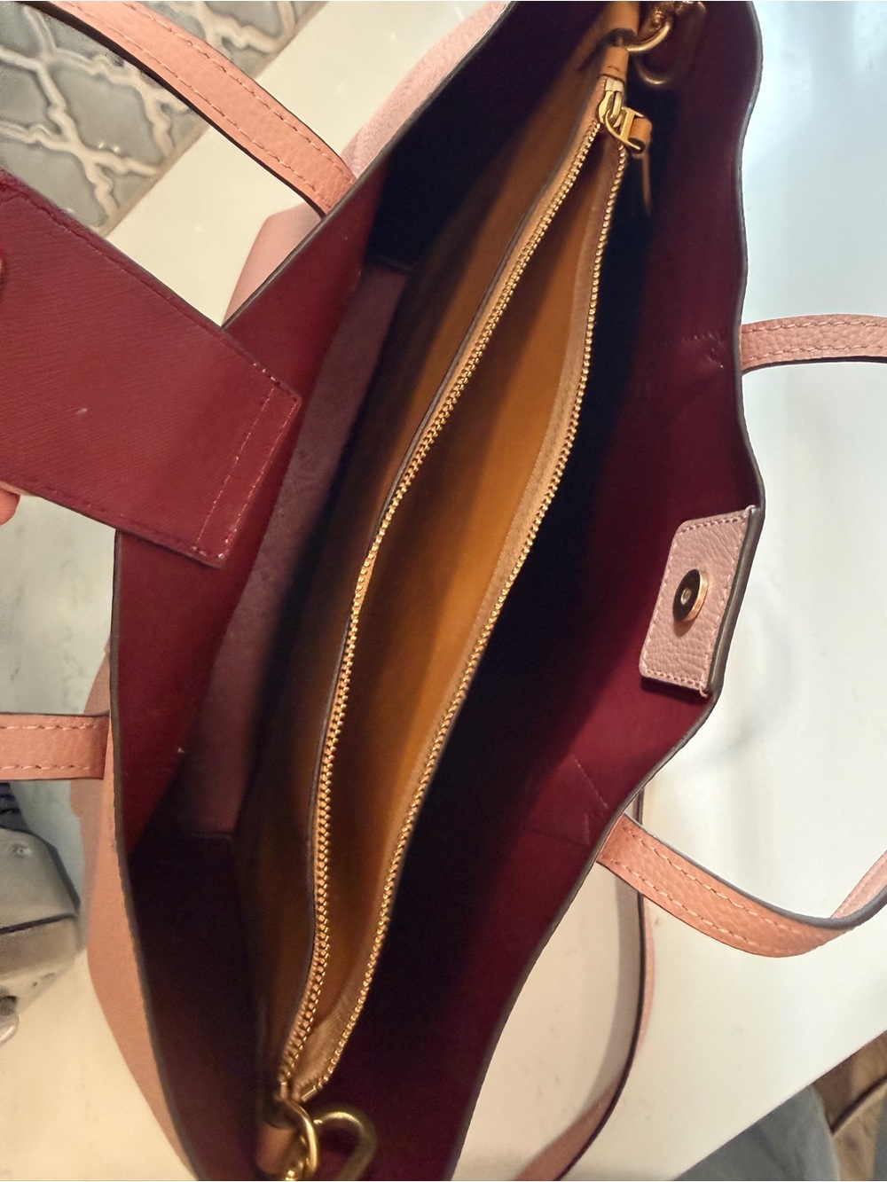 Tory Burch Pebbled Leather Tote | Blush Pink | Crossbody Strap | Perry Style - Picture 9 of 12